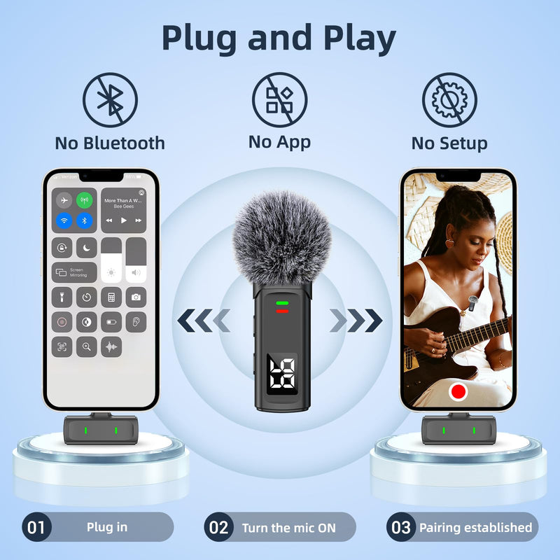 [AUSTRALIA] - Wireless Lavalier Microphone for iPhone 16 - USB C Phone Microphone for Video Recording with Noise Reduction Mini Mics 35H Charging Case 75FT Transmission Black TX-DM10B 