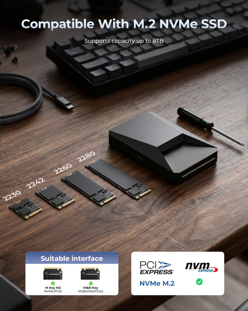 RayCue Magnetic 10Gbps SSD Enclosure Cybervault Standard, Tesla-Inspired Design, Magnetic Snap, 10Gbps Speed, Max 8TB, LED Activity Indicator, 100W Charging, Black