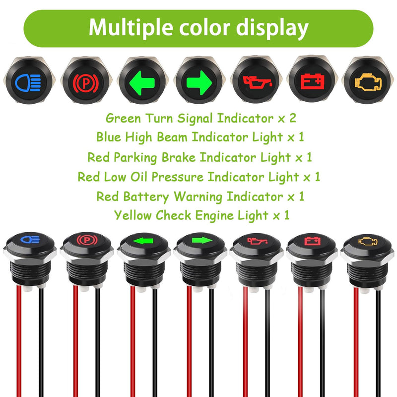 [AUSTRALIA] - EPLZON Pack of 7 12 mm Waterproof Signal Light LED Indicator Light, DC 12 V/24 V LED Metal Indicator Light with 150 mm Cable for Motorcycles Cars Trucks Tractors RV ATV 7 Stück 