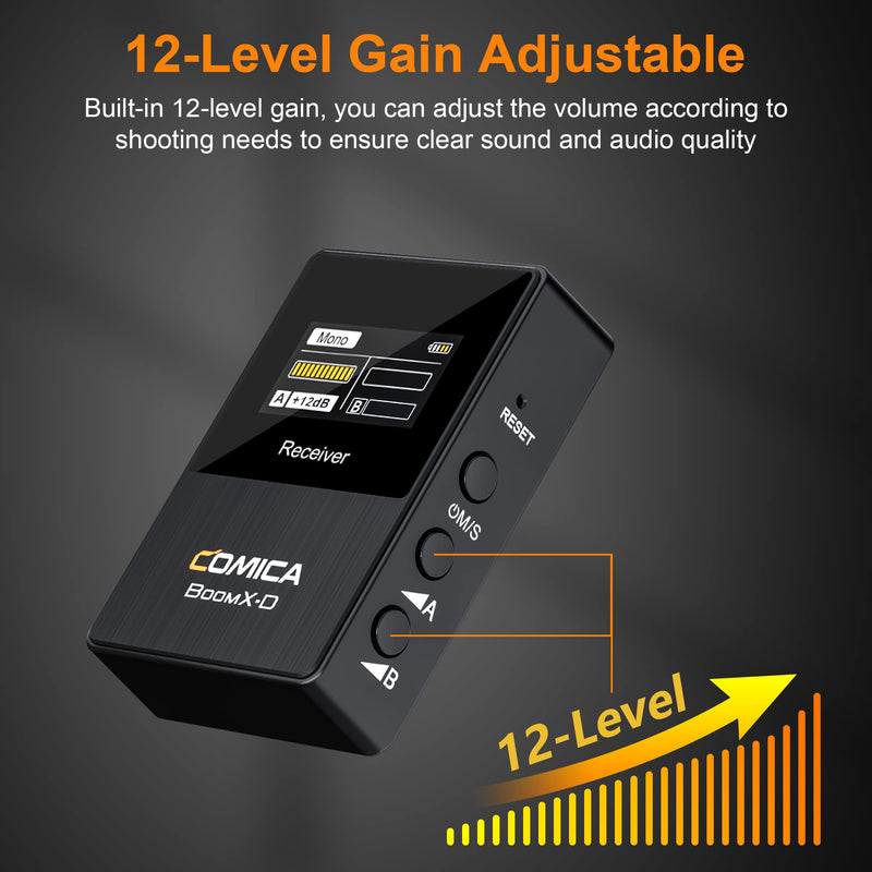 COMICA BoomX-D1 - Wireless Microphone System for Cameras, Camcorders, Smartphones, Laptops, Compact Wireless Lavalier Lapel Microphone with Noise Reduction, Low Latency, Monitoring, Muting Black