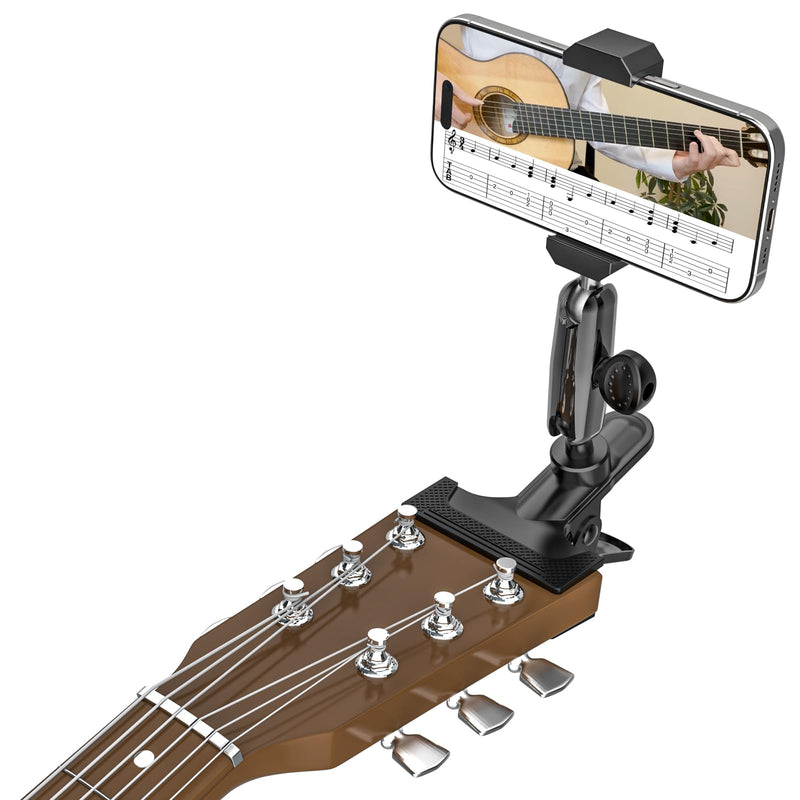 Guitar Phone Holder, [Strong Metal Clip] Guitar Phone Mount for Electric Guitar, Ukulele, Bass, Mandolin, Banjo, Sitar, Compatible with iPhone 16 Pro Max, Galaxy and All 4-7" Smartphone