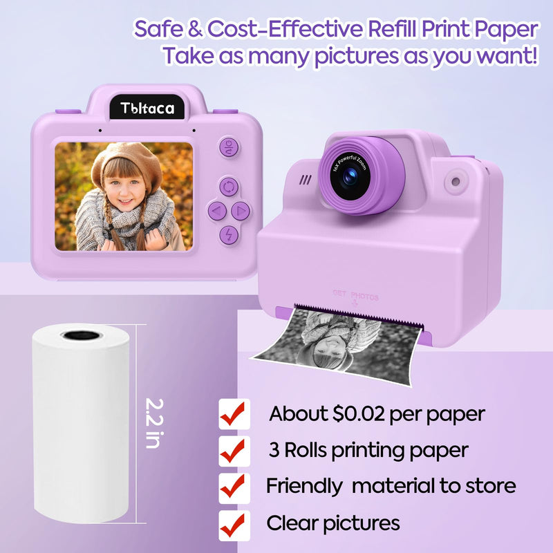 Instant Print Camera for Kids, Toddler Kids Camera Instant Print for 3 4 5 6 7 8 9 10 Years Old Girl Christmas Birthday Gifts, Portable Kid Children Digital Travel Camera Toys for Girls Age 3-12 Purple