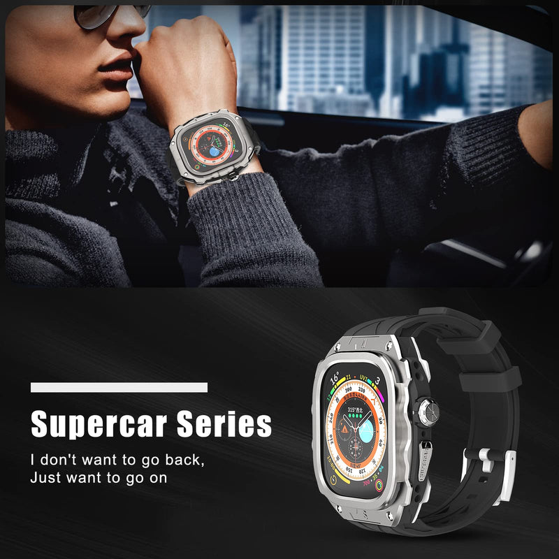 Luxury Metal Case for Apple Watch Ultra 49mm Band with Cover Heavy Duty Rugged Case Silicon Strap for men Full Protective Cover Silver Knight