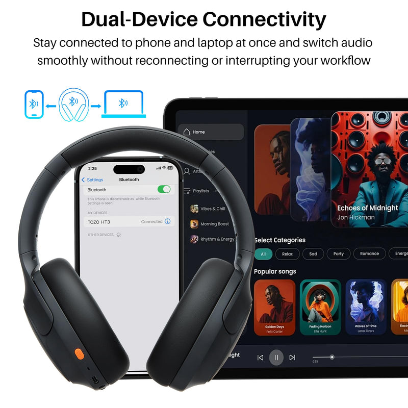 [AUSTRALIA] - TOZO HT3 Hybrid Noise Cancelling Headphones, 90H Battery Life Wireless Over Ear Bluetooth 6.0 Foldable Headset, AI Voice Assistant with 5 Mics, Connect 2 Devices and Hi-Res Sound, 32 EQ Audio Presets Titanium Black Headphones Only 