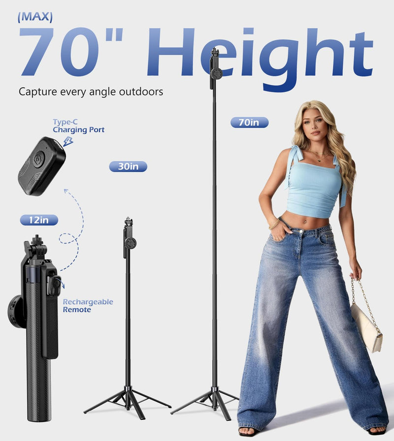 UBeesize 70'' Magnetic Selfie Stick Tripod for iPhone with Remote | 2-in-1 Phone Clamp, 1/4'' Screw Mount, Stable 4-Leg Tripod with Handle, MagSafe Phone Tripod for Camera, GoPro & Insta360 70in