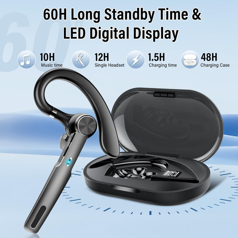 Bluetooth Headset, 2026 Wireless Bluetooth 5.3 Earpiece, 60 Hours Single-Ear Headset with Mute Button, Dual Noise Cancelling Mics, IP7 Waterproof Hands Free Headphone for Trucker, Business, Black