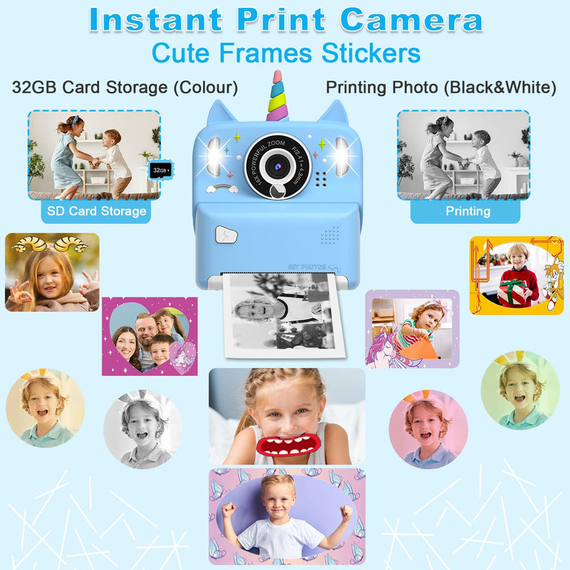 Instant Print Camera for Kids - Christmas Birthday Gift Toy for Girl Boy Age 3-9, Children Selfie Digital Cameras with Cartoon Soft Silicone Cover, Print Black White Photo with 32GB Card (Blue) Blue