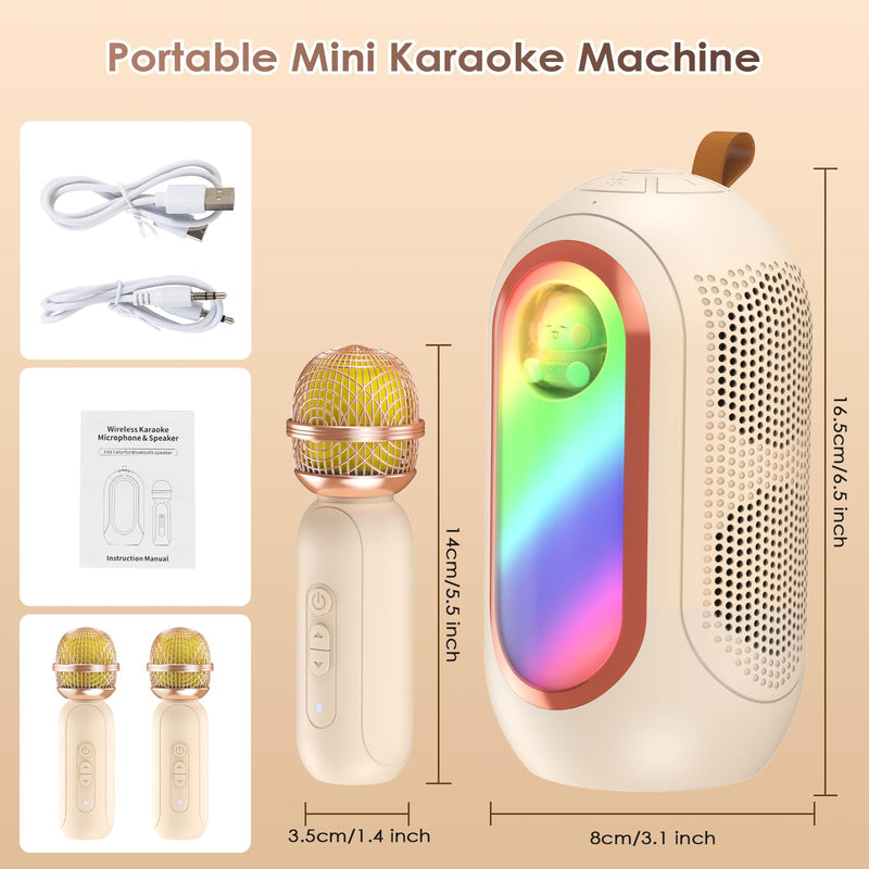 Mini Karaoke Machine for Kids & Adults with 2 Wireless Microphones Portable Karaoke Machine 2x5W Bluetooth Speaker Birthday Gift Toys Gifts for Kids Family Home Outdoor Party Cream