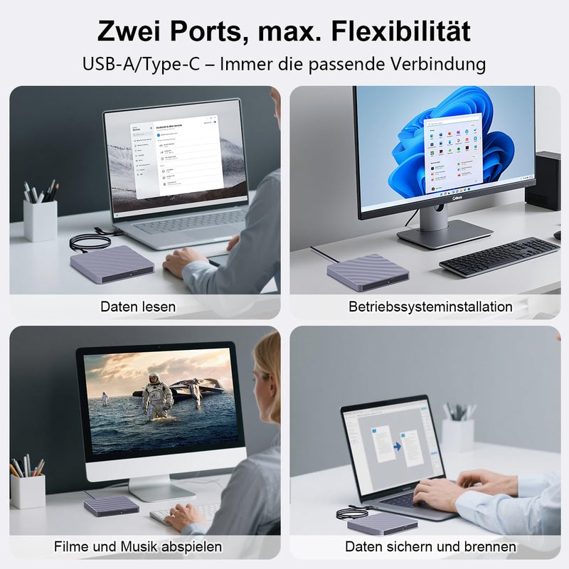 External CD/DVD Drive for Laptop - CD Burner DVD Player for Laptop USB 3.0 +/-RW ROM, External Optical Drives for PC/Mac, Disc Reader for Windows 11/10/8/7/XP/Vista Linux MacOS
