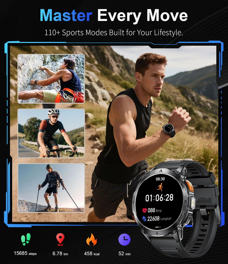 Military Smart Watches for Men, Smartwatch with 730mAh/1.62" AMOLED Screen/Flashlight/Heart Rate/Sleep/Calling/110+ Sports Mode, Rugged Men's Fitness Tracker Watch for Android iOS,Black Black metal band + black silicone