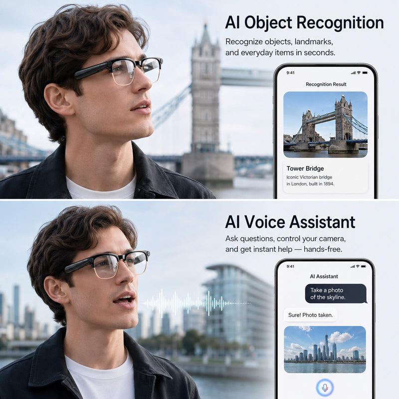 AI Smart Glasses with Camera,Photo Capture &4k Video Recording Glasses,Real-Time Translation, Open-Ear Audio, Object Recognition, Camera Sunglasses Chatgpt AI Assistant