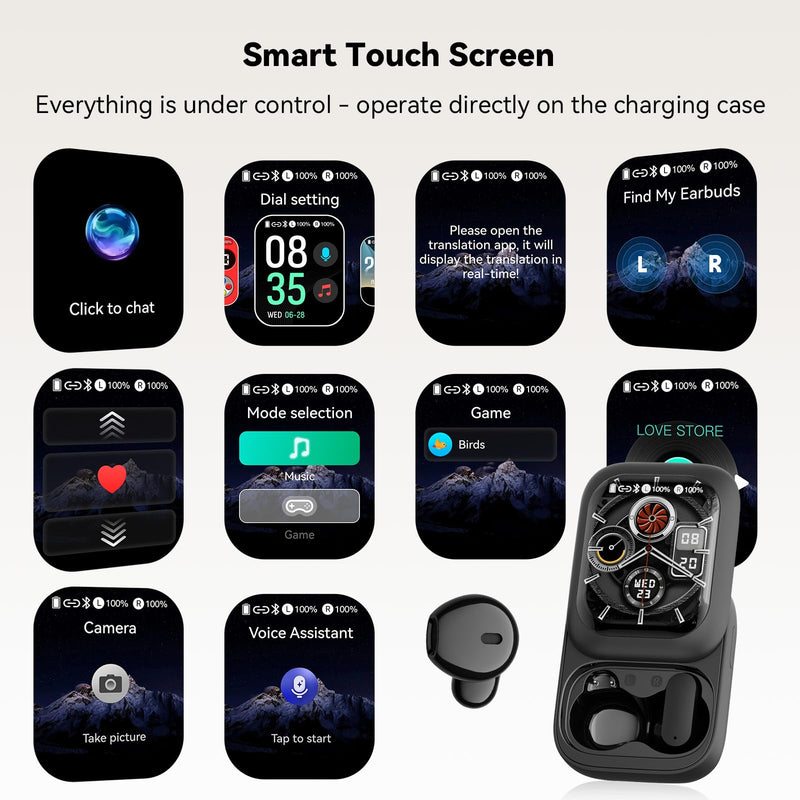 N04 AI Translator Headphones – 3-in-1 Real-Time Translation Earbuds with Touchscreen, 165+ Languages, Bluetooth 6.0 & 32H Battery – Perfect for Travel, Business, and Language Learning Black