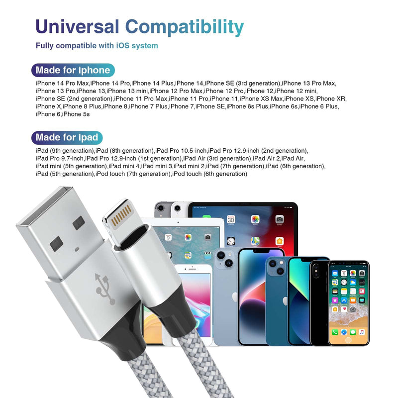 [AUSTRALIA] - Durable iPhone Charger Cord 6FT 3Pack [Apple MFi Certified] Lightning Cable Nylon Braided iPhone Cord Fast Charging iPhone Cable Compatible with iPhone 14/13/12 Pro Max/12Pro/11 Grey&White1 