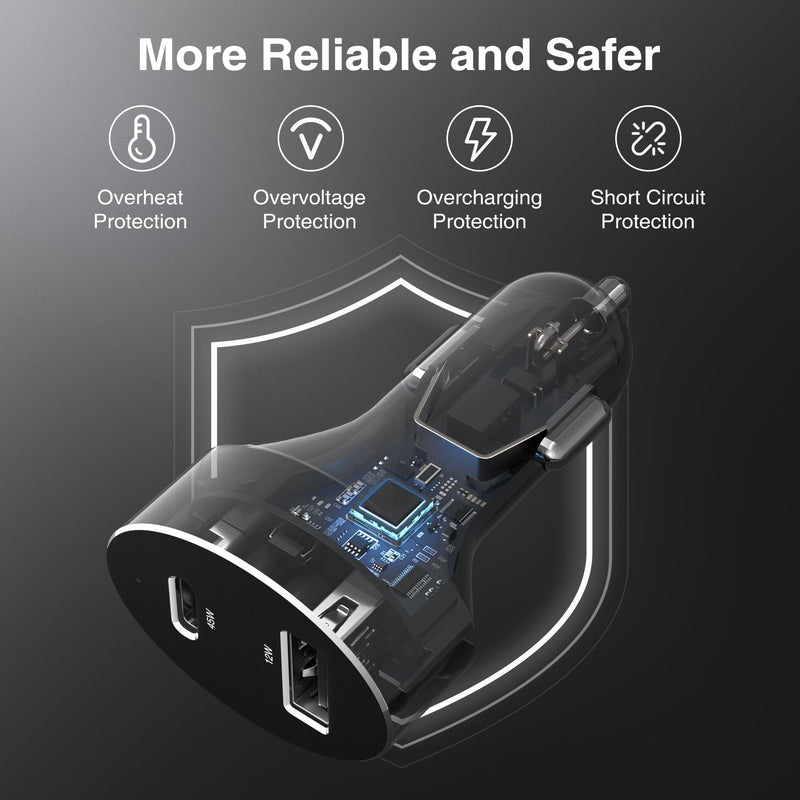 Nekteck 45W 2-Port USB-C Car Charger, PD 3.0 & QC 3.0 Fast Charging | USB-IF Certified for Safe, Stable Charging, Includes 3.3ft Cable, Compatible with MacBook Air/Pro, iPad, and iPhone 16/17