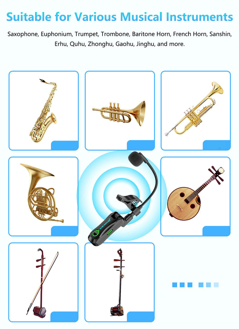 Wireless Saxophone Microphone System, High-Resolution 24- bit/44.1kHz Audio 2.4GHz Clip on Instrument Microphone Suitable for Brass (Trumpet, Trombone, Tuba, Cornet ), Low Latency Wireless Mic