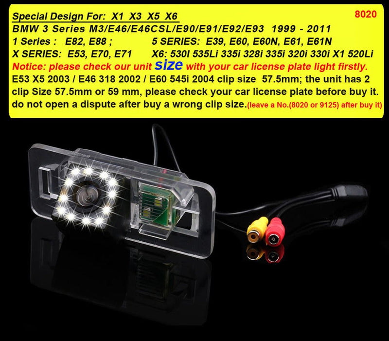 with 8LED Waterproof Car Rear View Backup License Plate Light Camera Night Vision for BMW X /1/3/5 Series E90 E91 E92 530I 530Li 320i 328i/X1 X3 X5 X6 M3 M1 E39 E46 E91 E88 E53 With 8 LED camera