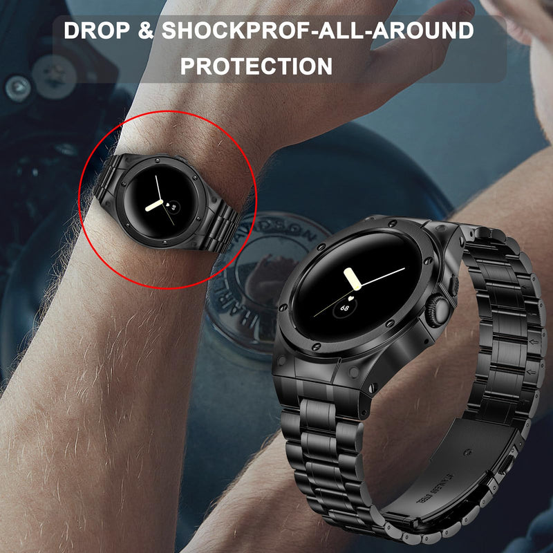 SUPLINK Stainless Steel Case and Bands Compatible with Google Pixel Watch 1/2/ 3 Band 41mm Men, Metal Strap Protective Bumper for Pixel Watch 3 45mm Band Black 45mm Pixel Watch 3