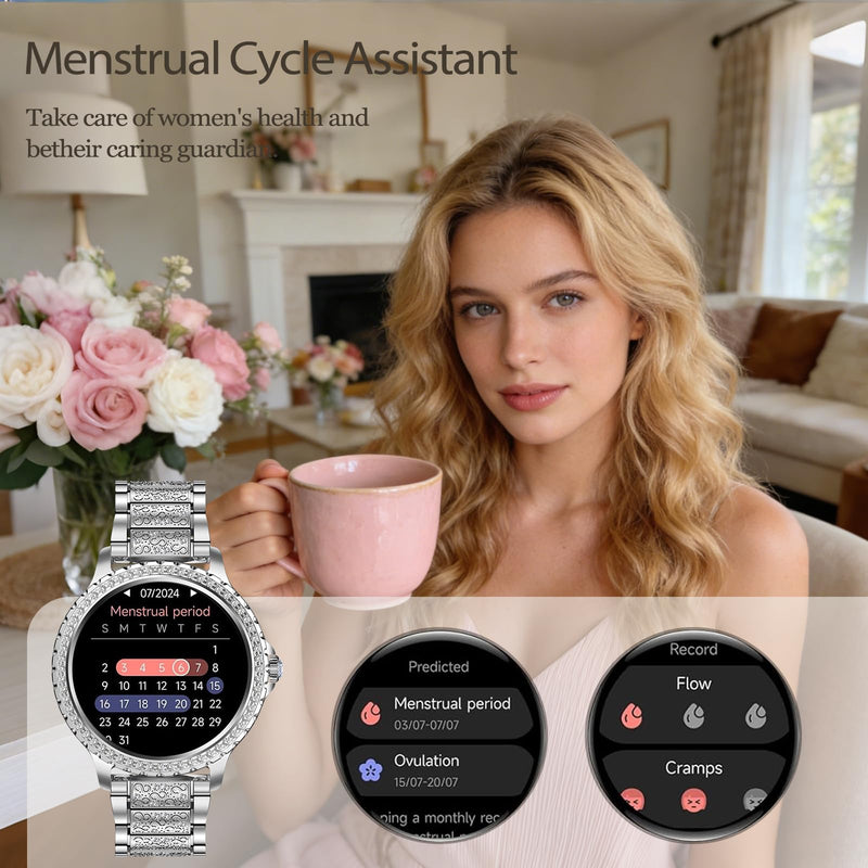 Smart Watch for Women with Diamonds, Bluetooth Calls, 1.32'' Full HD Screen Fitness Tracker with Multiple Sports Modes/Heart Rate/Sleep Monitor, IP68 Waterproof for Android iOS, Elegant Silver