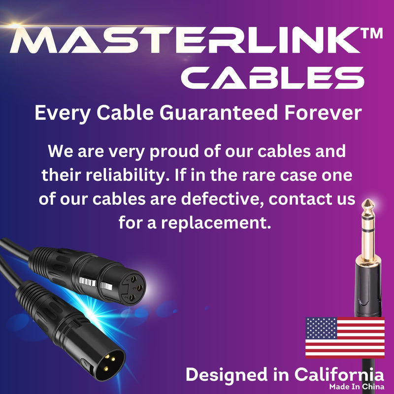MASTERLINK 1/4 Inch TRS Instrument Cable 20 FT | Gold Connectors, Balanced 6.35mm Male to Male Jack Stereo Audio Balanced Line for Synths, Keyboard, Mixer, Amplifier, Speakers, Electric Bass Guitars 20FT