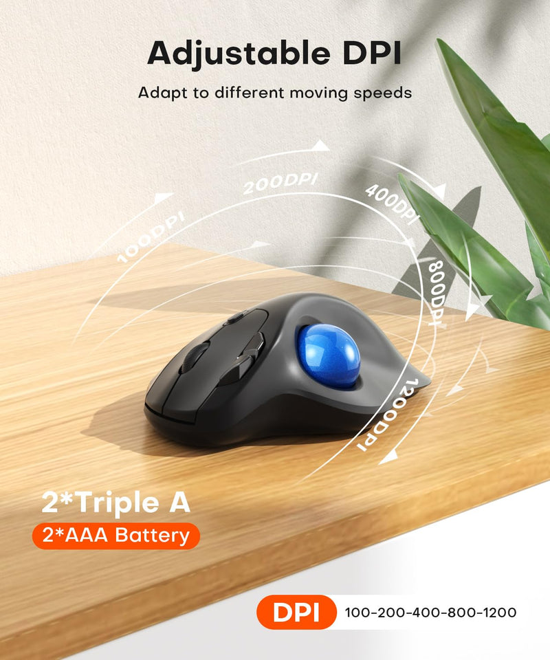 Ergonomic Wireless Trackball Mouse, 3 Device Connection, 5 Level DPI | Bluetooth or 2.4G USB Receiver Quiet Computer Mouse, 2*AAA Battery Thumb Laptop Mice for PC/Laptop/Mac/Windows Blue