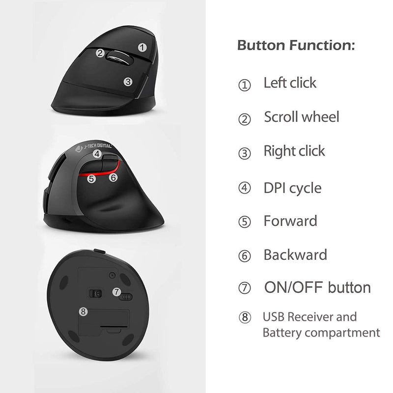 J-Tech Digital Wireless Ergonomic Vertical Mouse for Small Hands with USB Nano Transceiver, AA Battery, 3 DPI, Compatible with Mac and PC, Black [V628M-2.4G] Right-handed Black