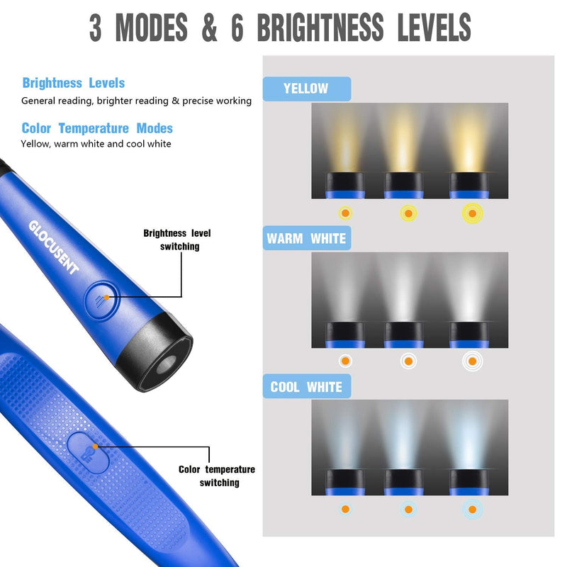 Glocusent LED Neck Reading Light, Book Light for Reading in Bed, 3 Colors, 6 Brightness Levels, Bendable Arms, Rechargeable, Long Lasting, Perfect for Reading, Knitting, Camping, Repairing Light Blue