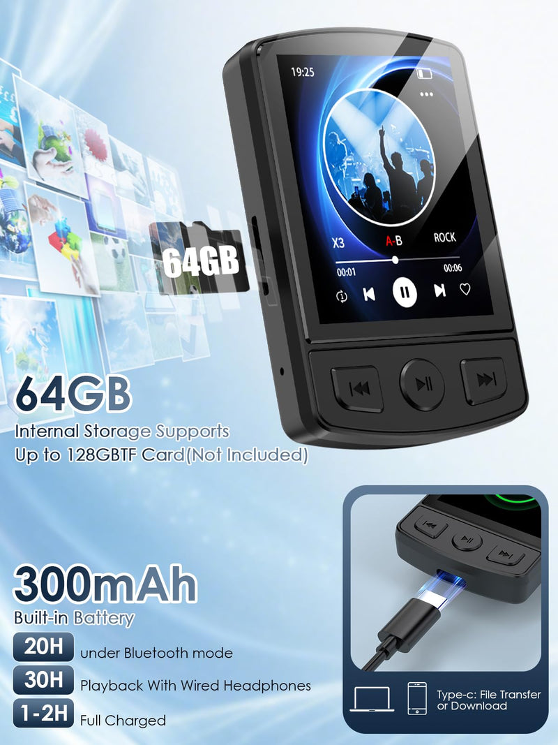 [AUSTRALIA] - MP3 Player with Clip 64GB Mini MP3 Player with Bluetooth 5.2,Portable MP3 Music Player with Earphones,HiFi-Speaker,FM Radio,Voice Recorder,E-Book for Outdoor,Home,Sporting(Black) Black 