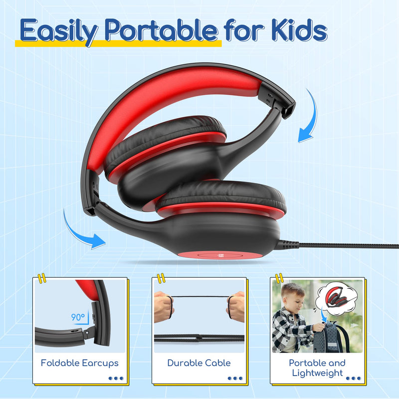 [AUSTRALIA] - EarFun Kids Headphones Wired with Microphone, 85/94dB Volume Limit Portable Headphones for Kids with Shareport, Stereo Sound Foldable Headset for School/Tablet/iPad/Kindle, Black Red Plug 3.5mm 