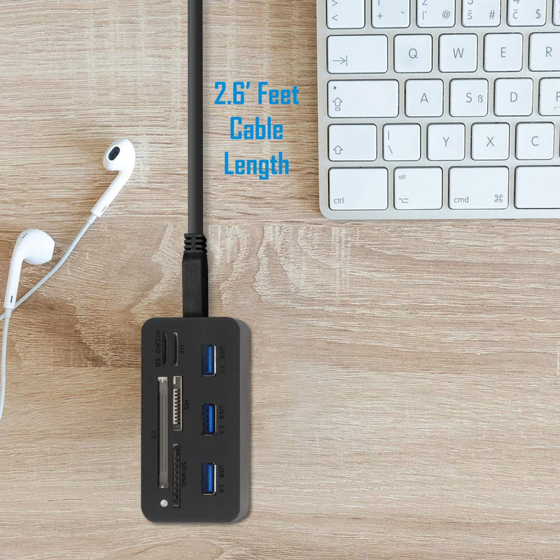 Kingwin USB HUB Adapter w/ Memory Card Reader Writer & USB 3.0 HUB Combo - Supports High Speed SD MS Micro M2 CF Card Reader For Macbook, Laptop, Desktop - Includes USB Cable 5 Gbps Speed, Black