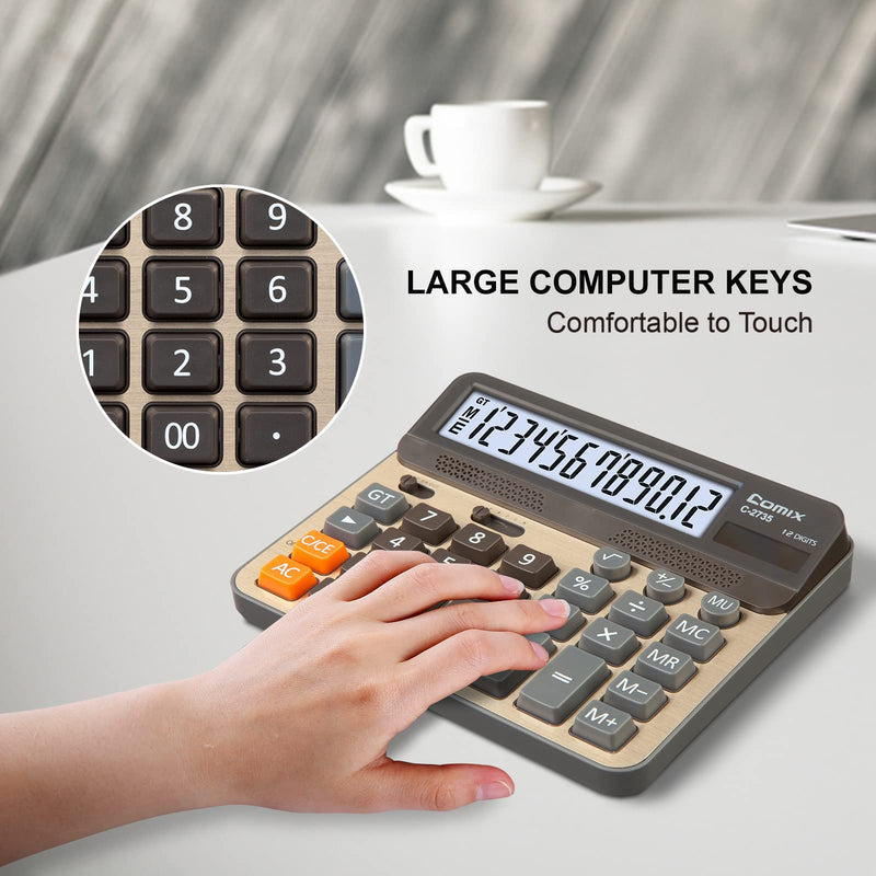 Comix Desktop Calculator, 12 Digits Large Desk Calculator, Gold, 2 Pack | Solar Battery Dual Power, 5 Inch Large LCD Display, Computer Keys, 4 Function Basic Calculator Office Business Home Use
