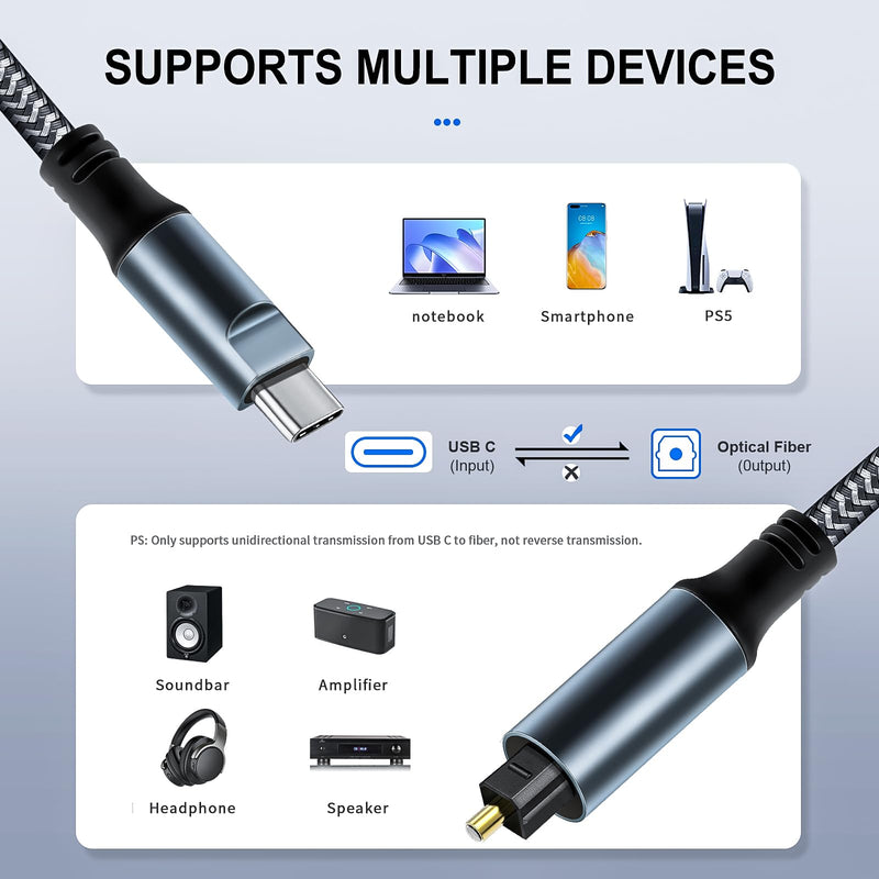 Kumiho Braided USB C to Optical Audio Cable 10Ft Unidirectional USB C to Toslink Optical for TV/Soundbar, Sony PS5,Speakers & Home Theater Systems