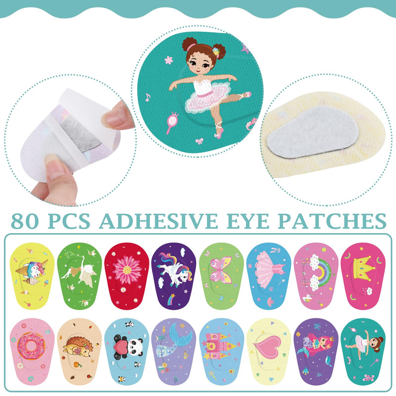 Adhesive Eye Patches for Kids Girls 16 Styles Toddler Eye Patches Bulk Latex Free Eye Pad Light Blocking Fun Cute Designs Cotton Adhesive Bandages for Kids Toddler Girls Boys(80 Pcs) 80