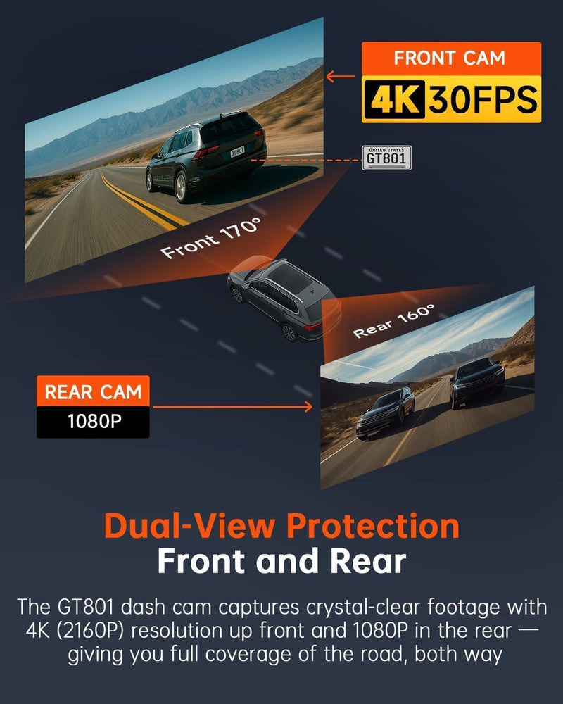 [AUSTRALIA] - Dash Cam Front and Rear, 4K Ultra HD+1080P Dash Camera for Cars, Built-in Wi-Fi GPS, Included 32GB Card, 2.0'' IPS Screen Mini Car Camera, App, Night Vision, 170°Wide Angle, 24H Parking Mode Black 