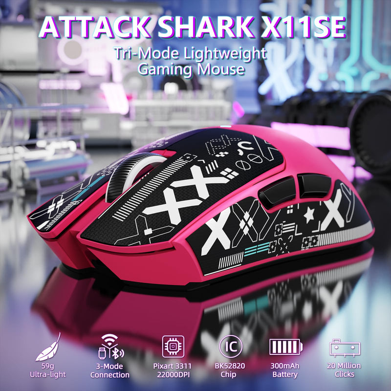 [AUSTRALIA] - MAMBASNAKE Attack Shark X11SE Lightweight Wireless Gaming Mouse, Tri-Mode 2.4G/USB-C Wired/BT, 22K DPI, PAW3311 Optical Sensor, 59g, 5 Programmable Buttons, 300mAh Battery for PC/Mac((Berry-Griptape) Berry Red-Griptape 