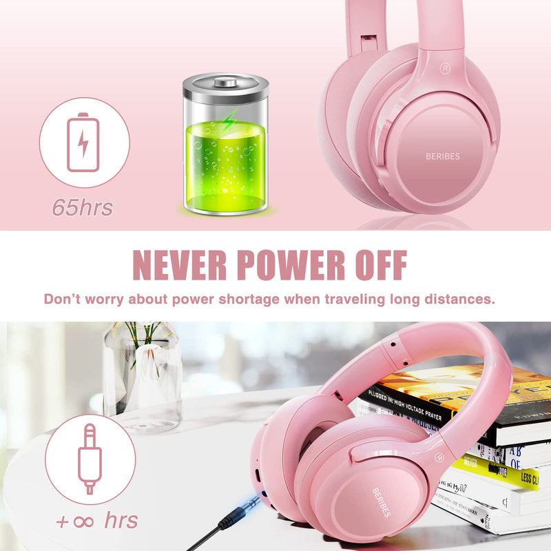 [AUSTRALIA] - Bluetooth Wireless Headphones Over Ear,BERIBES 65H Playtime and 6 EQ Music Modes with Microphone, HiFi Stereo Foldable Lightweight Headset, Deep Bass for Home Office Cellphone PC Etc.(Pink) Pink 