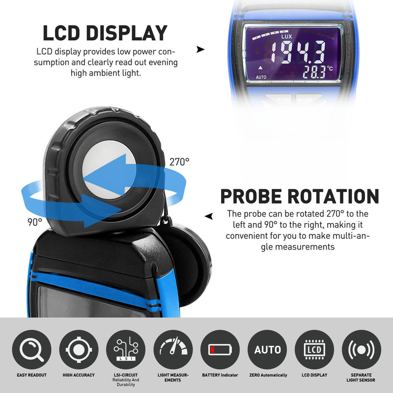 AIOMEST Digital Lux Meter, Illuminance Light Tester Measures 0.1~400,000 Lux/FC, Foot Candles Lumens Detector with Data Storage 270° Rotatable Head for Plants Office LED Luminosity, AI-8801B