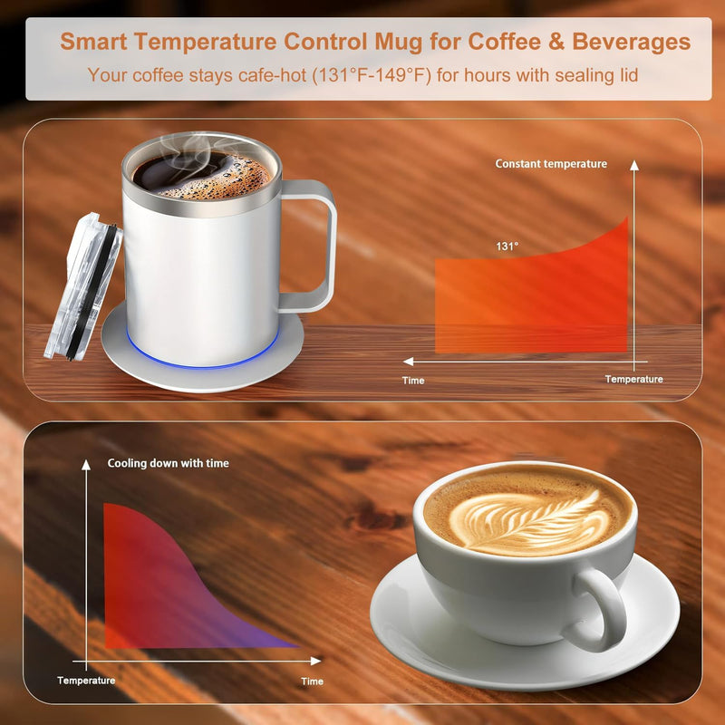 Self Heating Coffee Mug Warmer, 12oz Smart Mug Automatic Shut Off, USB Rechargeable Heated Coffee Mug with Lid for Travel/Office/Home