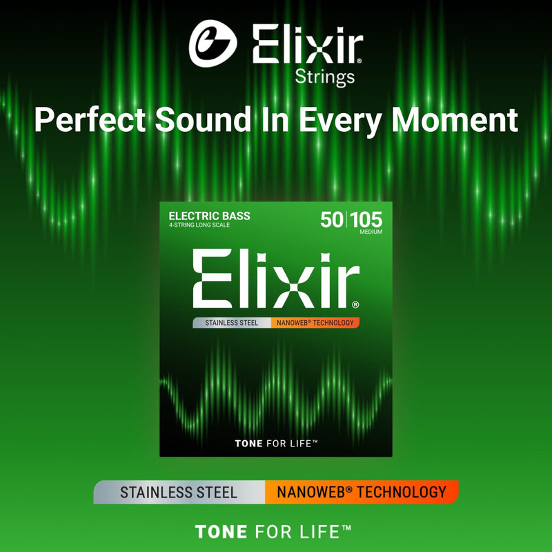 Elixir Strings Bass Guitar Strings (14702) Medium, Long Scale (.050-.105) 4 String Set