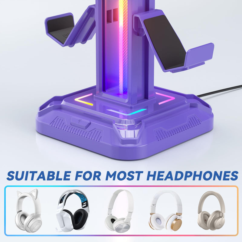 KDD RGB Headset Stand with 9 Light Modes - Controller Holder for Desk - Rotatable Headphone Stand & Detachable Controller Hook for PC Earphone Accessories(Purple) Purple