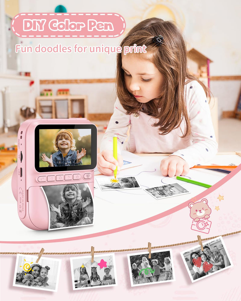 Kids Instant Print Camera, 3.0-inch HD Screen 32MP Photo Instant Digital Camera Christmas Birthday Gifts Toys for Toddle Children Girls Boys Age 3-12 - Pink