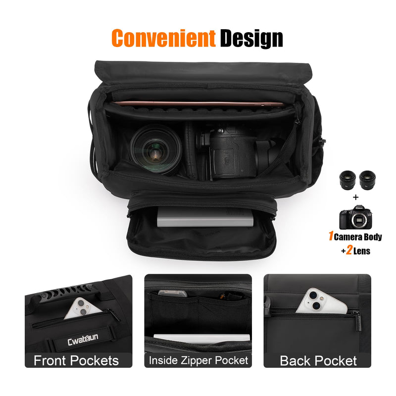 Cwatcun Tactical Camera Sling Bag, Crossbody Case with Tripod Holder | Fits 1camera+2lenses+11"iPad. Tactical webbing, removable pouches, magnetic buckle, padded foam, tripod holder Black Small