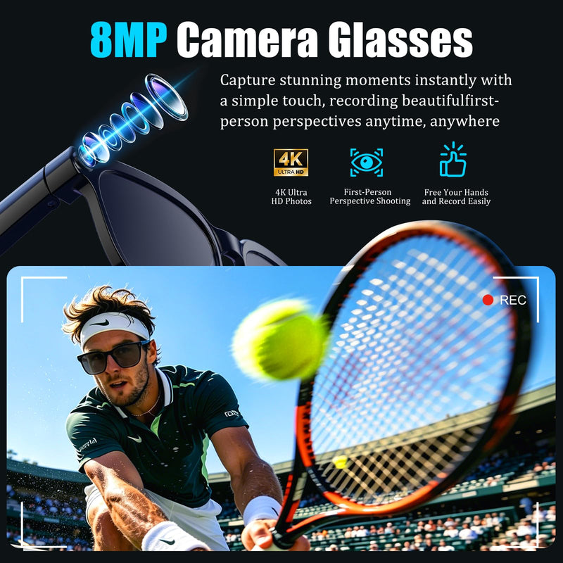 AI Smart Glasses with Camera,8MP Camera Glasses,4K HD Video Recording Glasses with AI Assistant,IP65 Waterproof Bluetooth,Replaceable Sunglasses with Photochromic Lens Eyeglass frame width 53mm