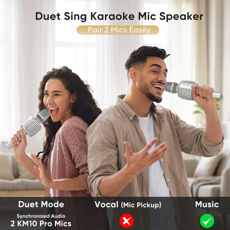 Wireless Bluetooth Karaoke Microphone Speaker for Adults, Karaoke Mic with Stereo Speaker for Smartphone, Tablet, Duet Singing Karaoke Mic for Speech, Home Party, Vocal Changer, Silver Included base