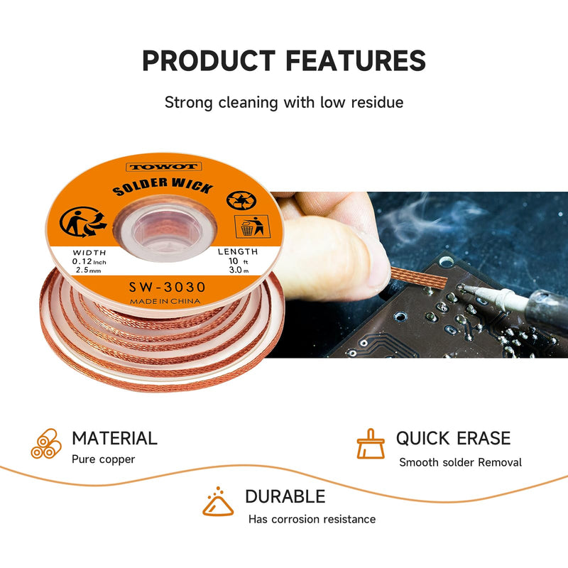 TOWOT Solder Wick Braid with Flux No-Clean Electronic, Desoldering Wick Braid Remover.Desolder Soldering 2.5mm W 0.10'' L 5' 4.92ft