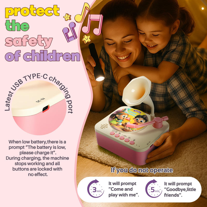 [AUSTRALIA] - Kids Phonograph Toddler Record Player， with 96 Learning Cards, Early Education Machine Record Player Music Box Storyteller pop Speakers, Gift for Boys and Girls Pink 
