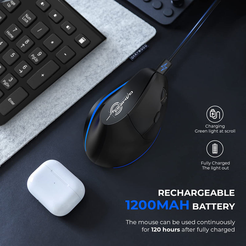 ECHTPower Rechargeable Ergonomic Mouse, 2.4G Wireless Vertical Mouse-Reduce Wrist Pain, 3 Adjustable DPI 2400/1600/1000, 6 Button, LED Wireless Mouse for Laptop, Computer, Desktop, Windows, Mac OS