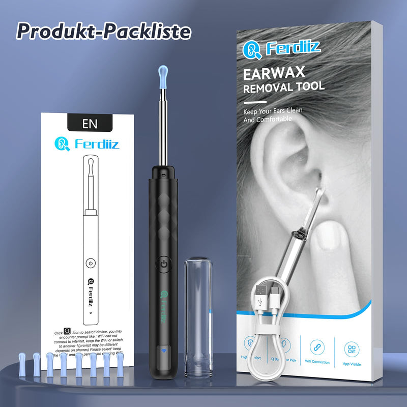 [AUSTRALIA] - Earwax Remover Otoscope, Ferdiiz 1080P WiFi Direct Connection Ear Cleaner, IP67 Waterproof Ear Cleaner for Adults, 3.5 mm Otoscope for iPhone, iPad and Android Smartphones (Black) Black 