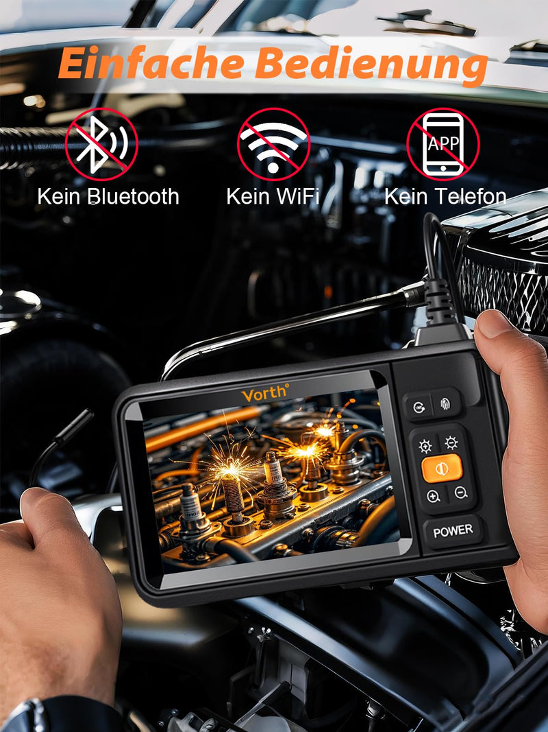 Vorth Endoscope Camera with Light, 4.3 Inch IPS Screen Inspection Camera with 8 LED Lights, 5 m Semi-Rigid Cable Endoscope Camera, IP67 Waterproof 1080P HD Tube Camera - Single Lens 5M-Single lens