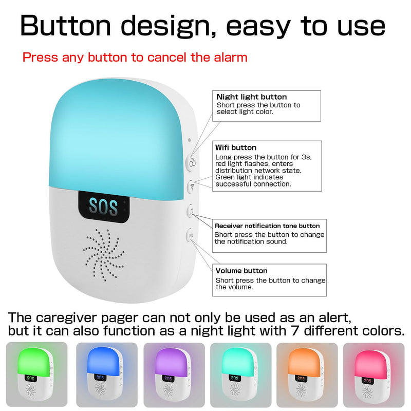 Caregiver Pager Wireless Call Button Smart WiFi Nurse Emergency Alert System 330 Feet Life Alert Button for Elderly/Patient/Disabled/Home(2.4GHz Wi-Fi Only) 1 receiver + 2 SOS button