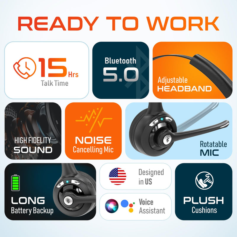 Delton Wireless Computer Headset with USB Dongle and Hook | Bluetooth Headset with Noise Canceling Mic, 15 Hrs talk time, For Computer, Cell Phone, Drivers, Office, Call Center - Black